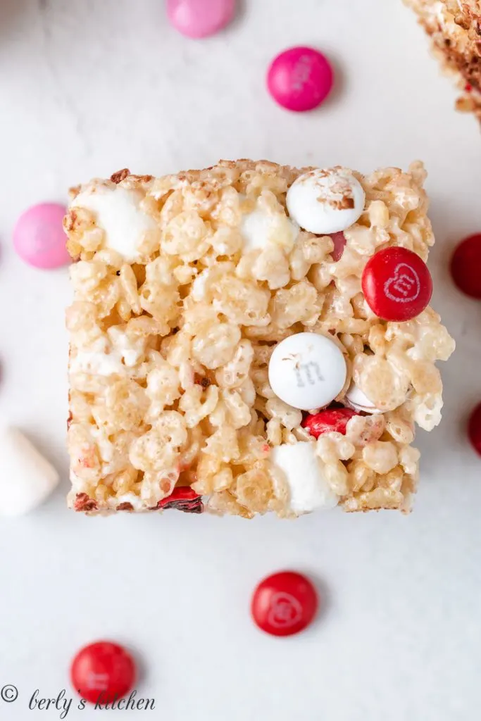 Ariel view of valentines rice krispie treats with chocolate candies.