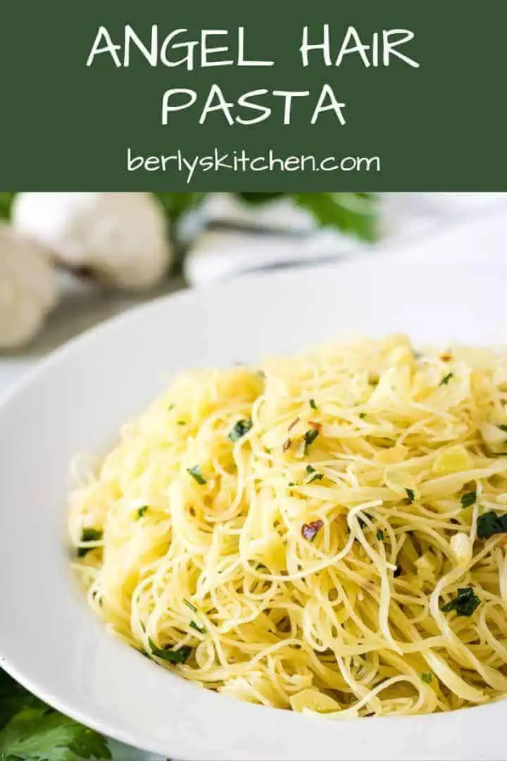 The angel hair pasta served in a large pasta bowl.