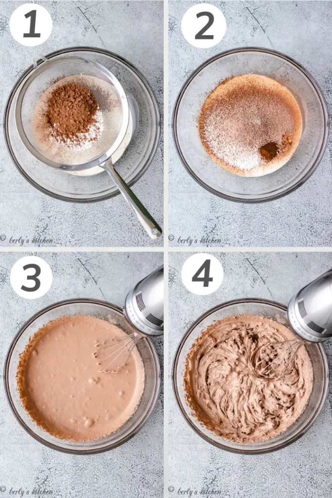 Collage style photo showing how to make chocolate whipped cream.