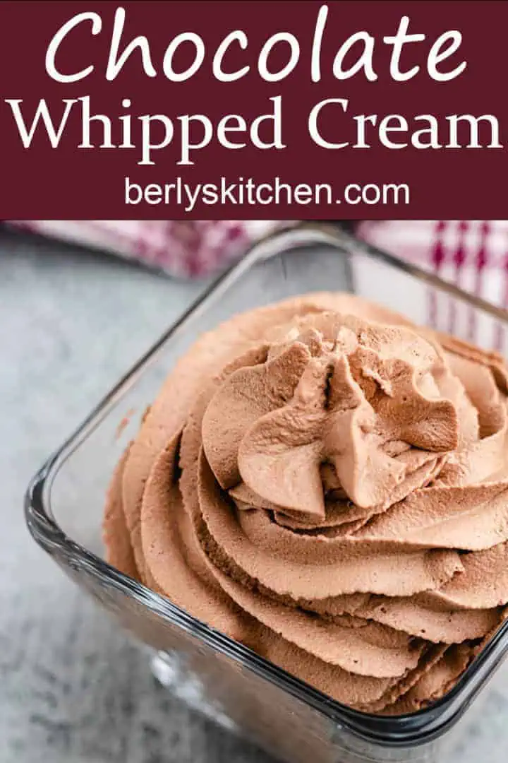 Top down view of chocolate whipped cream in a square bowl.