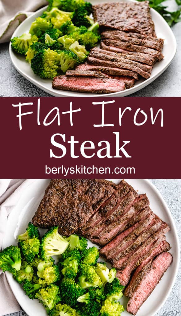 Collage showing two photos of flat iron steak with vegetables.