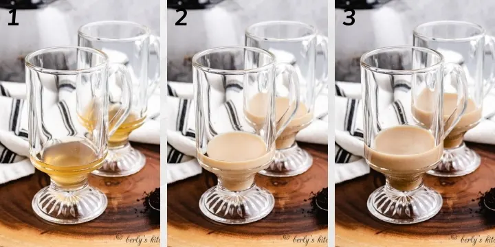 Collage style photo showing liqueurs being added to glasses.