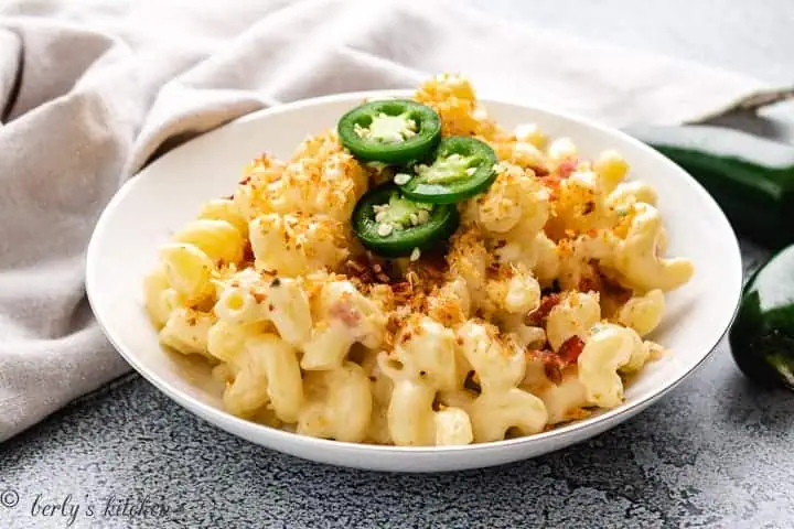 Bowl of spicy mac and cheese.