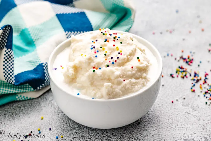 Snow ice cream in a white dish.