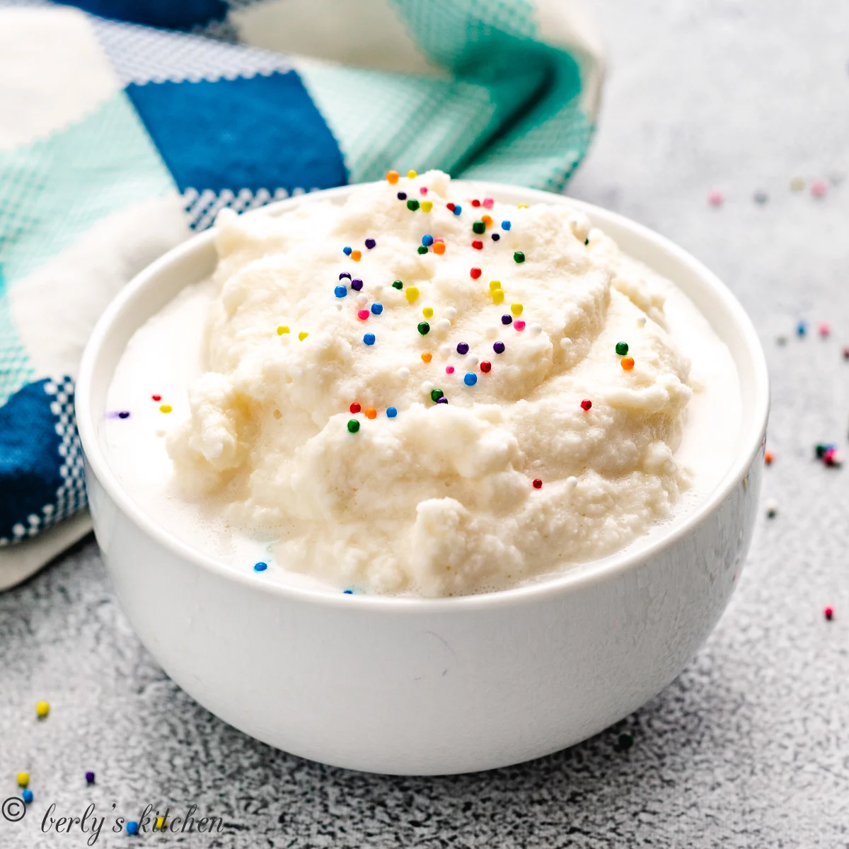 Snow ice cream in a round dish.