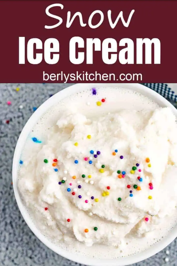 Top down view of ice cream in a bowl with multi-colored sprinkles.