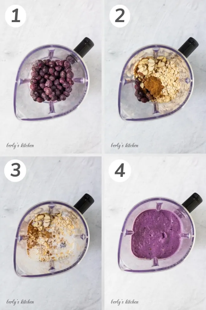 Collage showing how to make a blueberry smoothie.