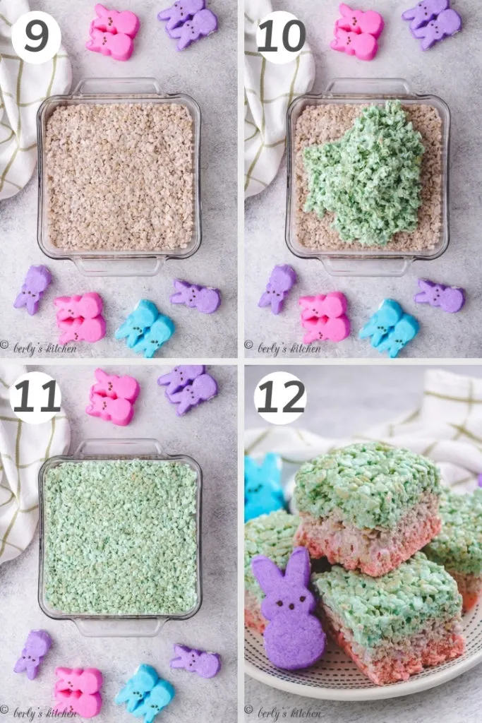 Collage showing how to make layered rice krispie treats.