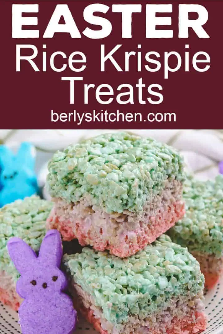 Collage showing colorful rice krispie treats made with peeps.