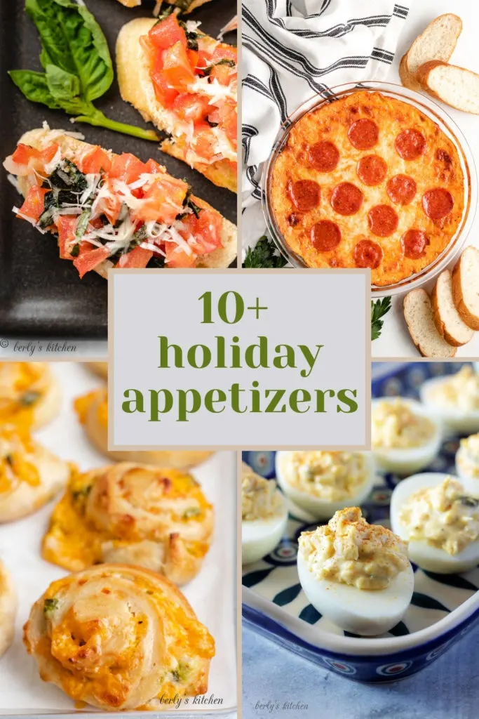 Collage style photo showing photos of various holiday appetizers.