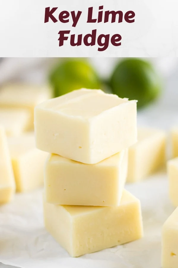 Three pieces of key lime fudge stack on top of each other.