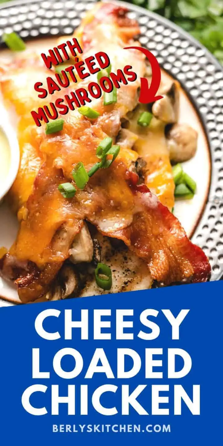 Top down view of cheesy loaded chicken on a plate.