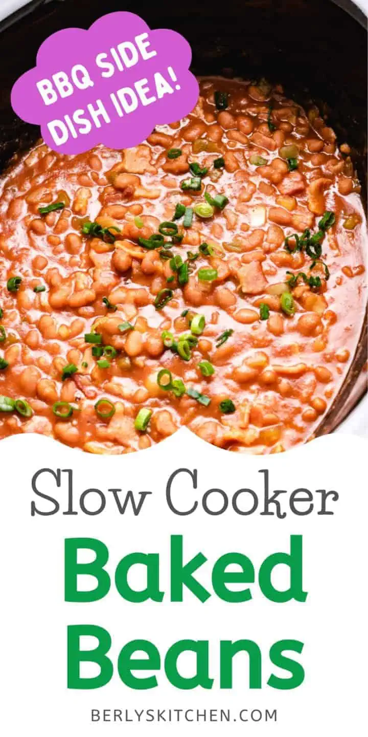 Slow cooker baked beans in a black crock pot.