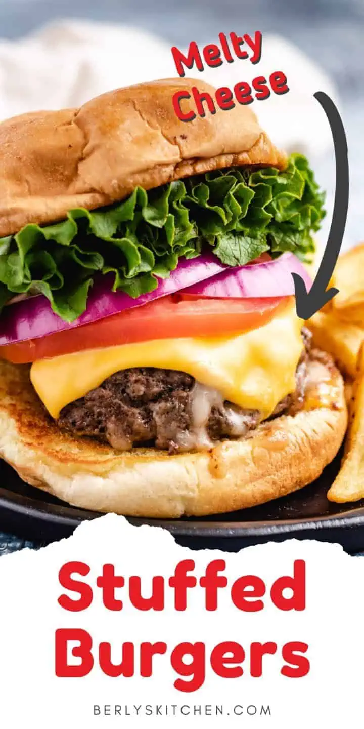 Close up of pepper jack stuffed burgers on a plate.