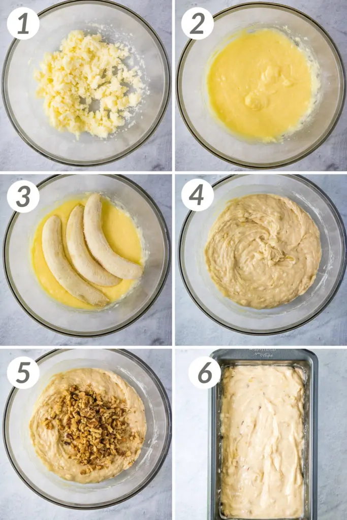 Collage showing how to make banana bread.