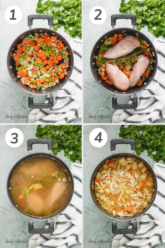 Collage showing how to make chicken potato soup.