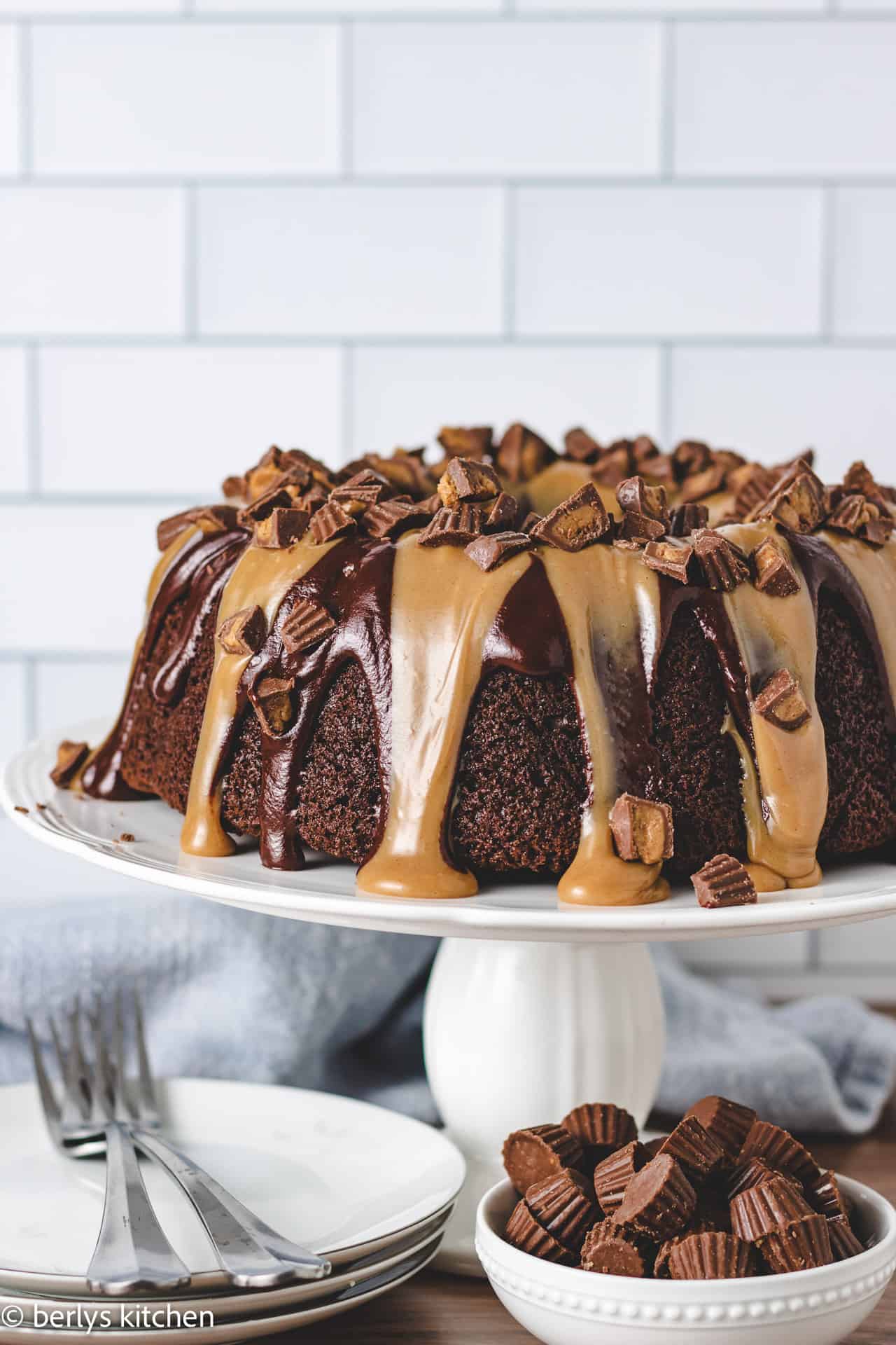 Chocolate peanut butter bundt cake on a cake stand.