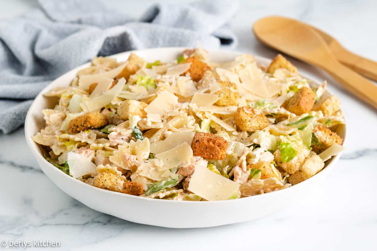 Bowl of pasta salad with chicken.