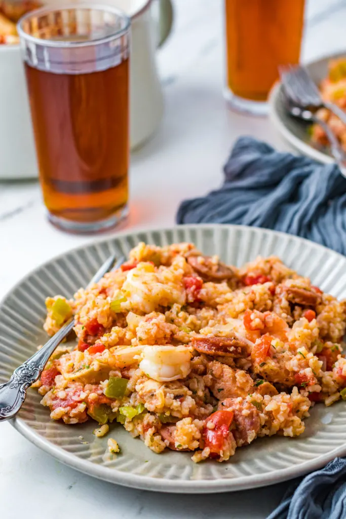 Large plate full of crock pot jambalaya.