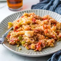 Plate of jambalaya with shrimp.