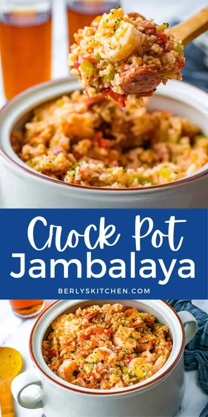 Collage of two photos of jambalaya.