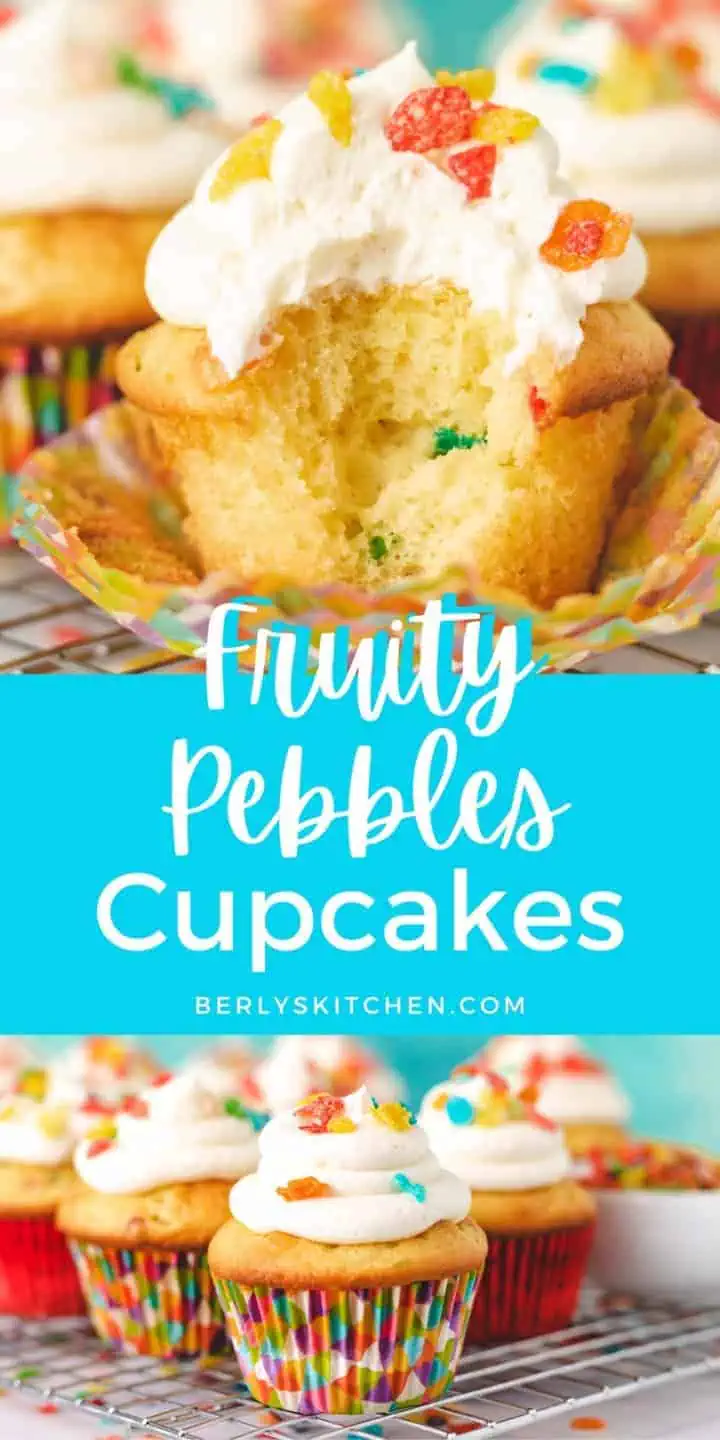 Collage showing 2 photos of fruity pebbles cupcakes.