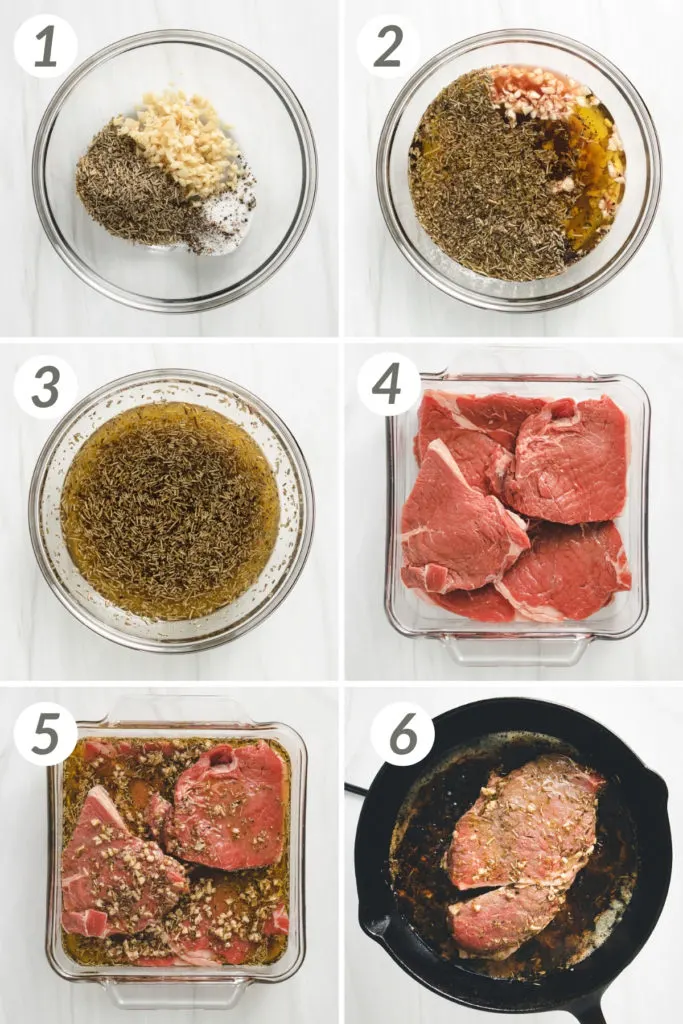 Collage showing how to make sirloin steak.