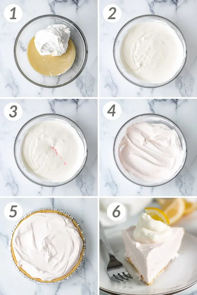 Collage showing how to make lemonade pie.