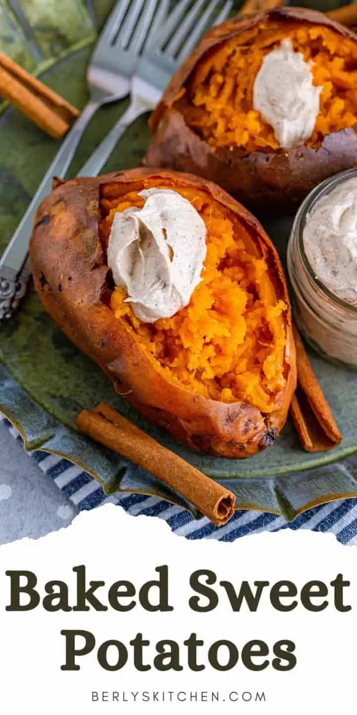 Top down view of a baked sweet potato with cinnamon sticks.