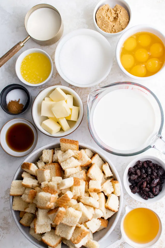 Top down view of ingredients needed for caramel bread pudding.