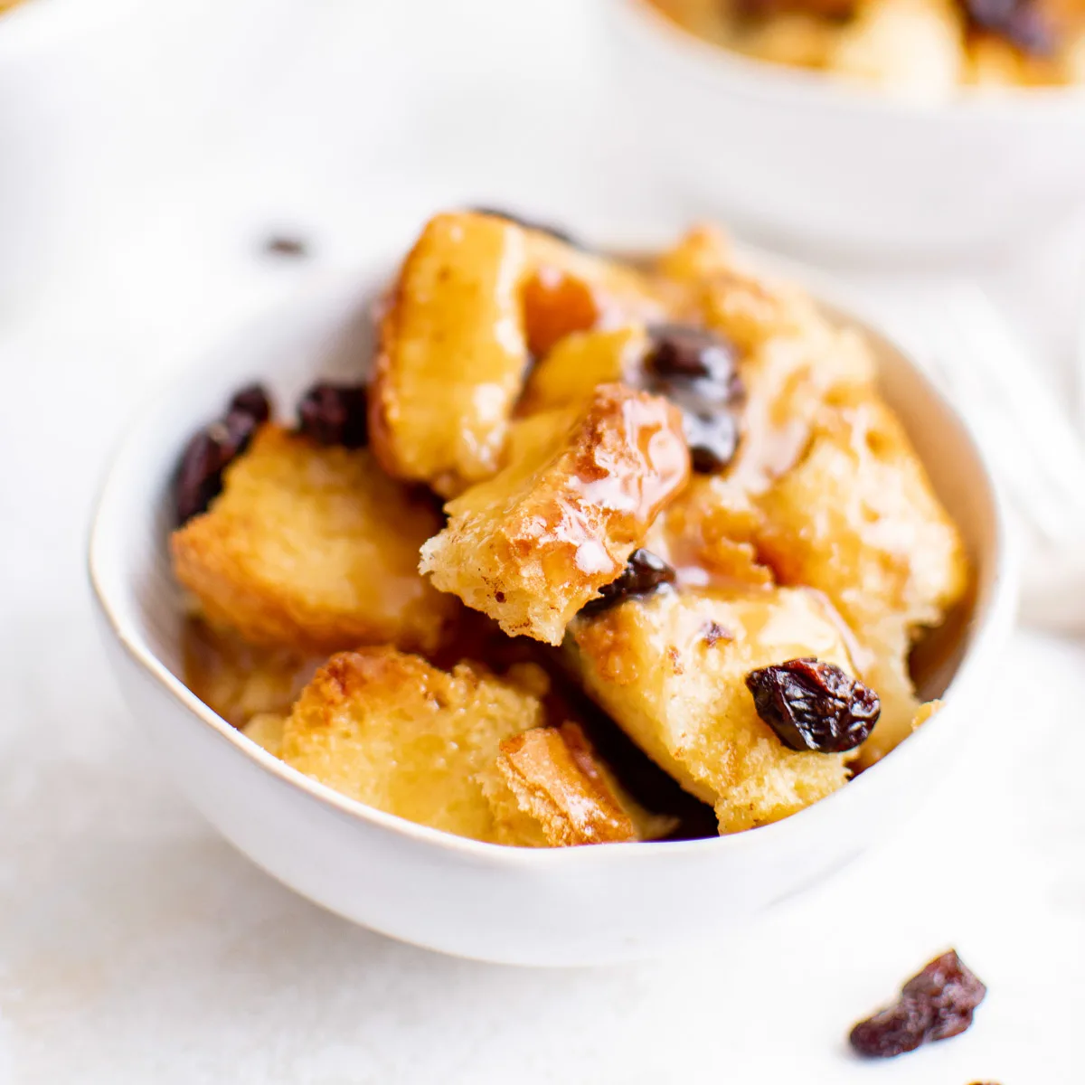 Small bowl of salted caramel bread pudding.