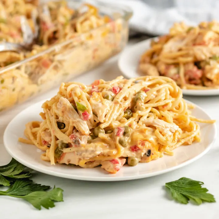 Baked chicken casserole with pasta on a plate.