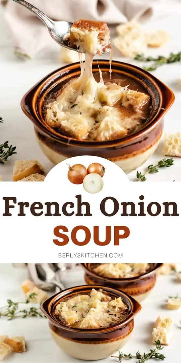 Two bowls of french onion soup in a collage.