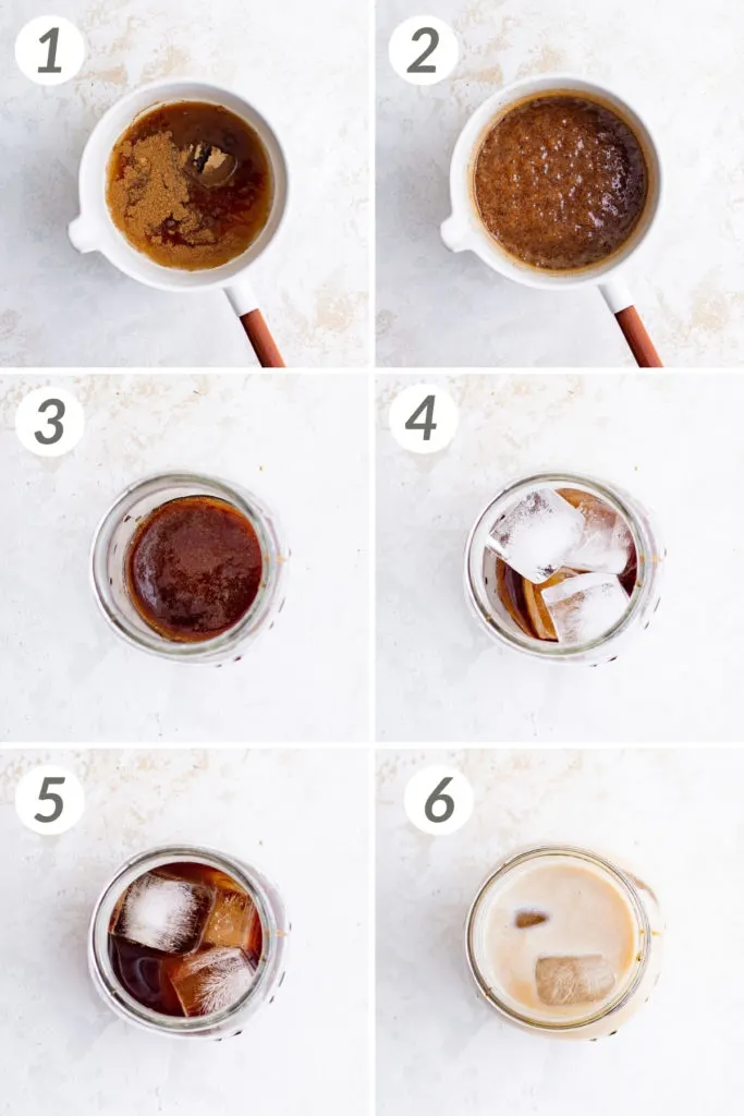 Collage showing how to make iced brown sugar oat milk shaken espresso.