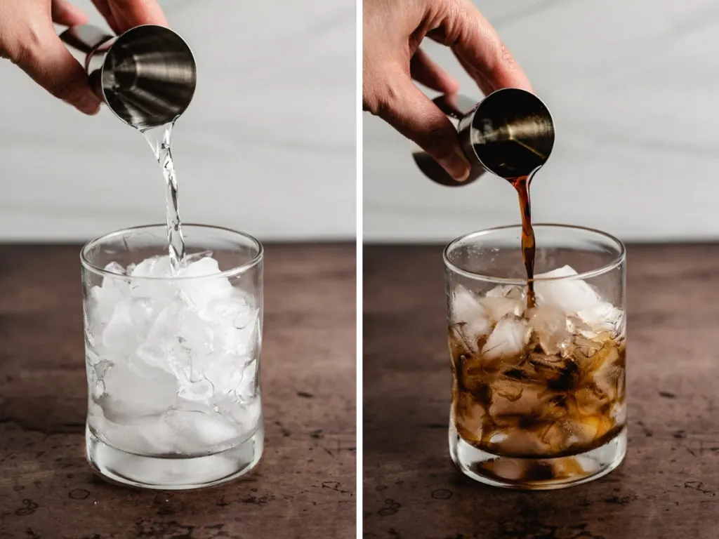 Collage showing how to make a white russian.