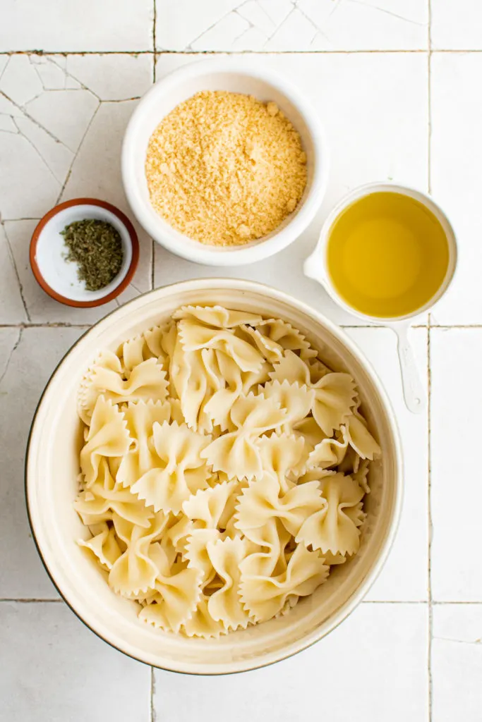 Top down view of ingredients needed for air fryer pasta chips.