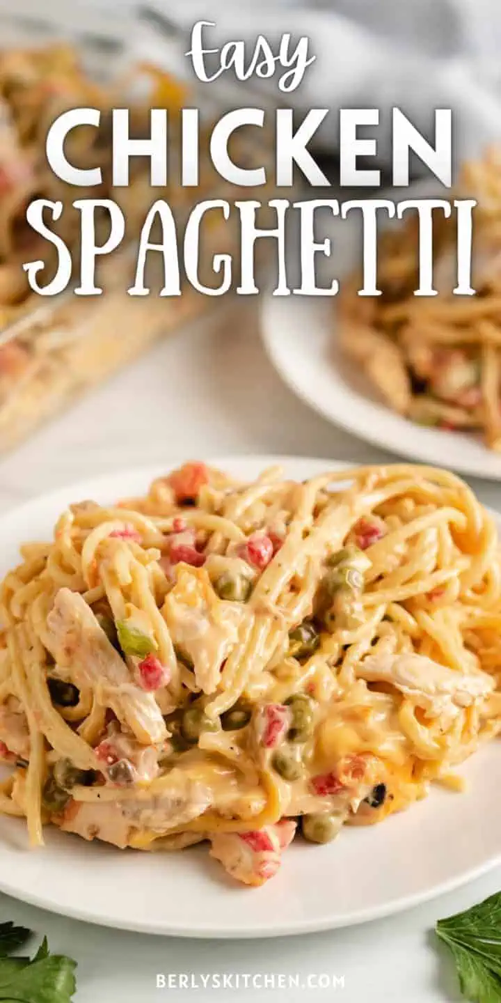 Close up photo of chicken spaghetti on a white plate.