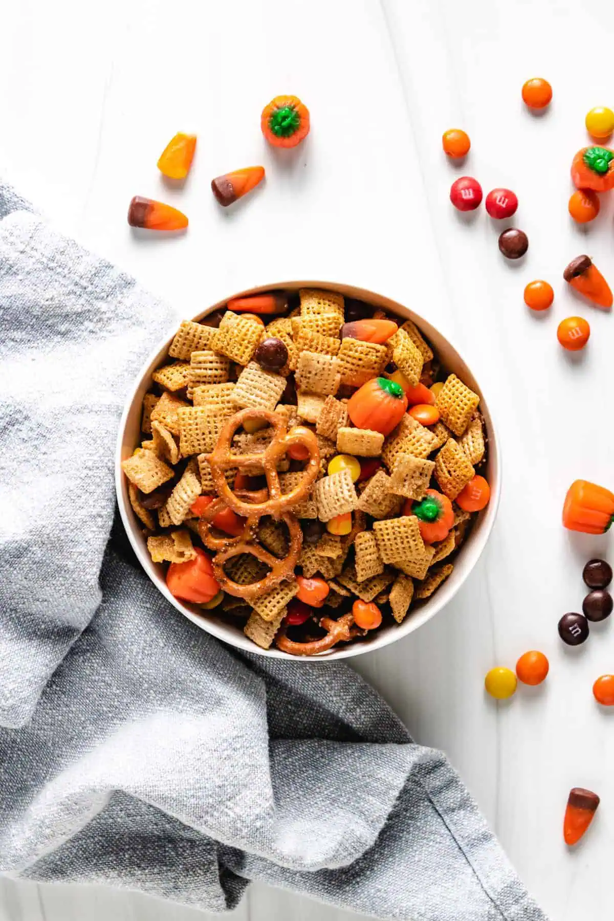 Top down view of halloween mix in a bowl.