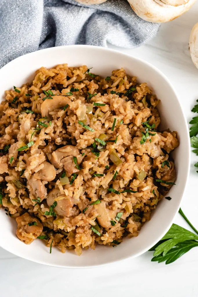 Top down view of a bowl of mushroom rice.