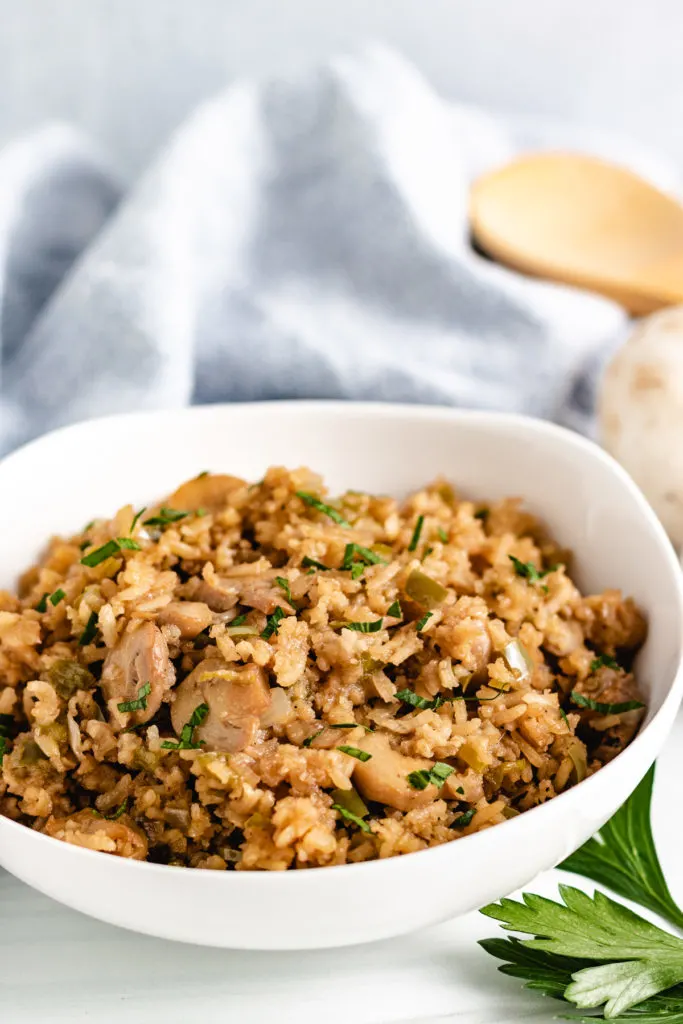 Mushroom rice with seasons in a bowl.