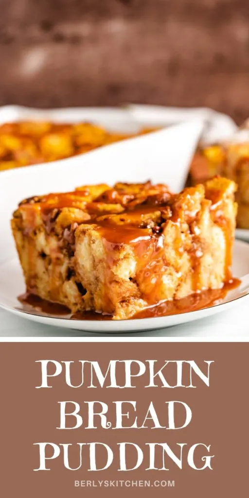 Close up view of pumpkin bread pudding on a serving plate.