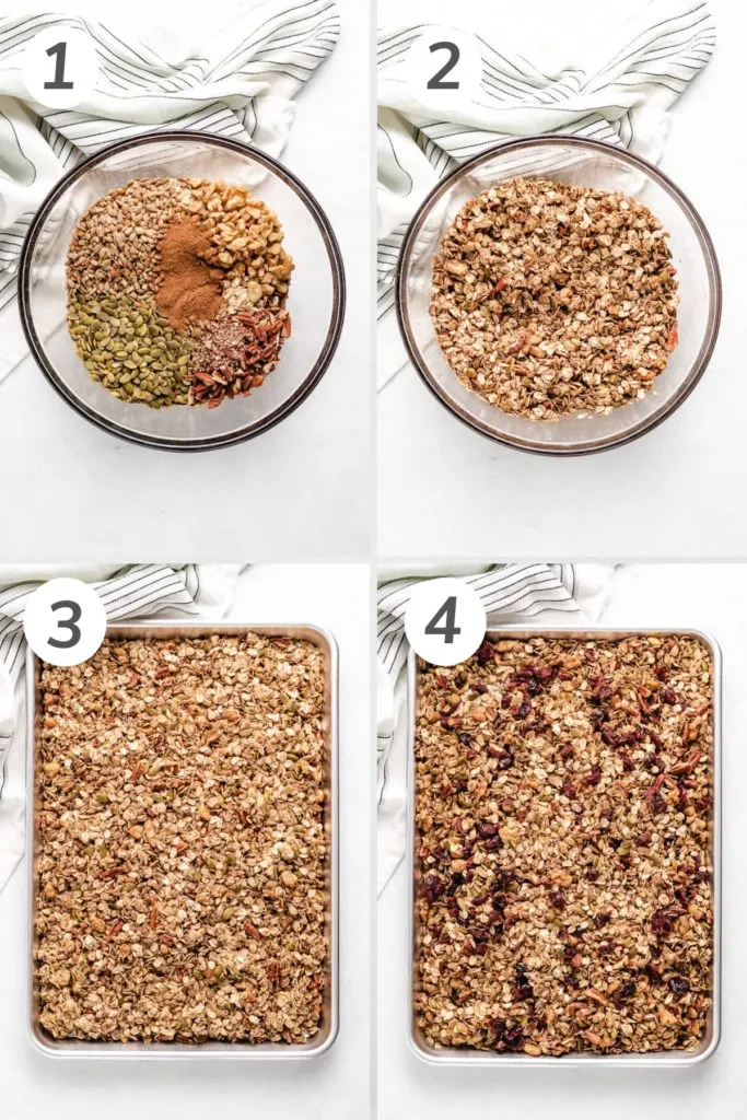 Collage showing how to make pumpkin spice granola.