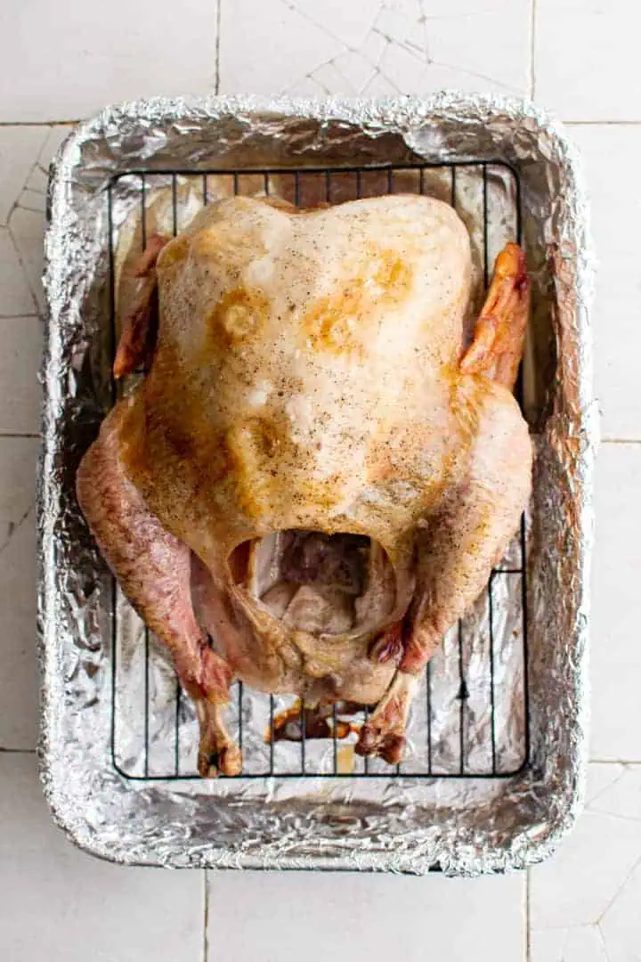 Top down view of a partially baked turkey.