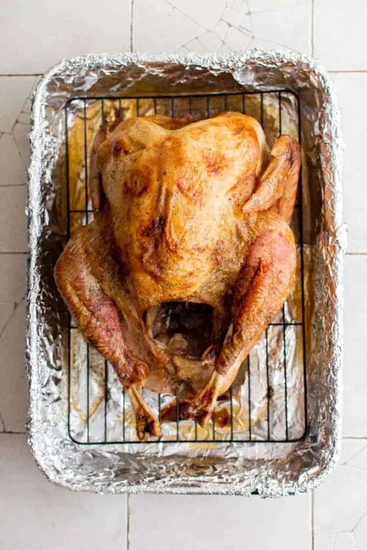 Top down view of oven roasted turkey in a pan.