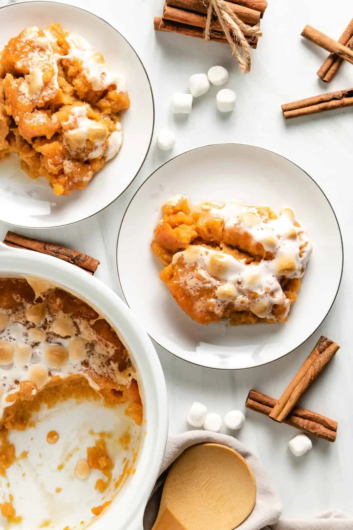 Top down view of sweet potato casserole on plates.