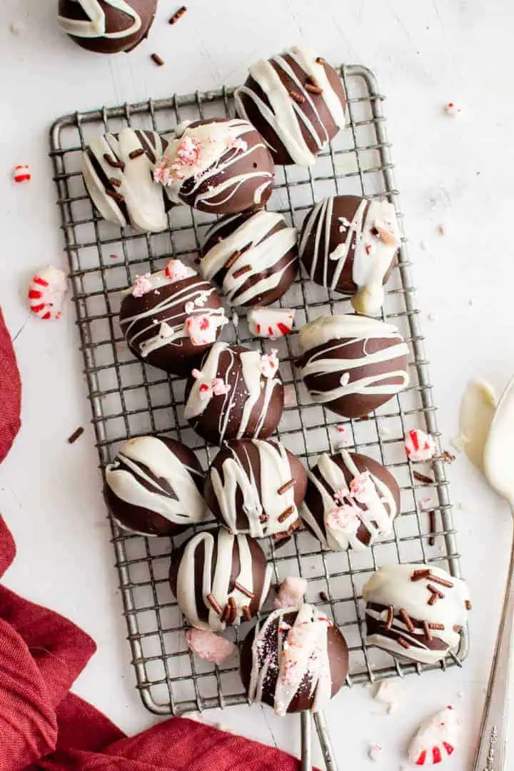 Top down view of a batch of peppermint truffles.