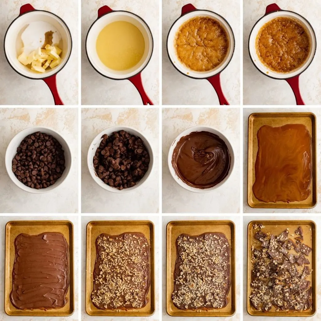 Collage showing how to make english toffee.