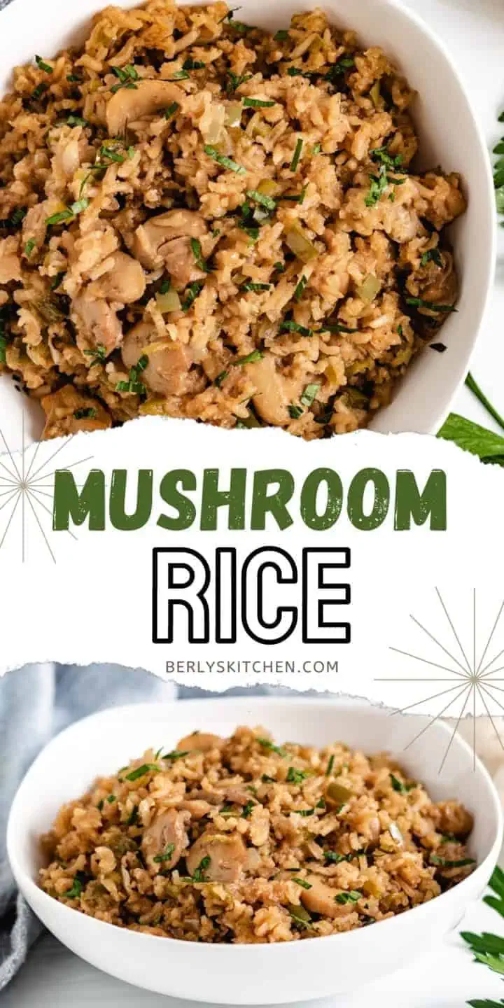 Two photos of mushroom rice up close.