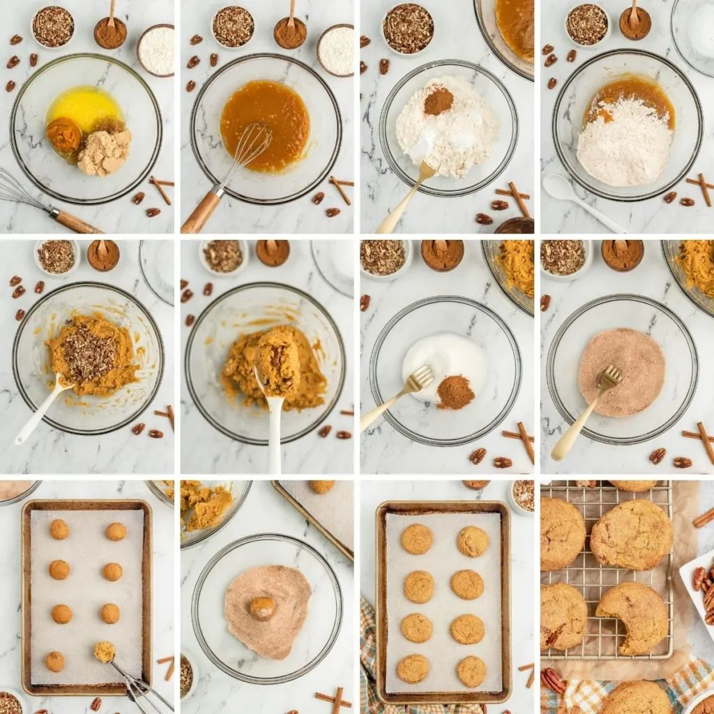 Collage showing how to make pumpkin snickerdoodles.