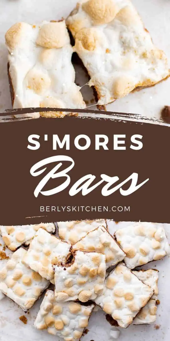 Two photos of s'mores bars in a collage.